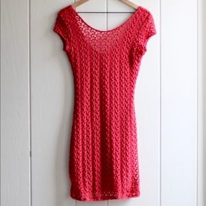 Free People Crochet Mini Bodycon Dress Cherry Red Low Back